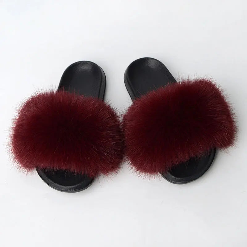 Women'S Faux Fox Fur Slippers Large Summer Open-Toe Fluffy Casual Anti-Slip Sandals Fluffy Black Slide Fur Slider