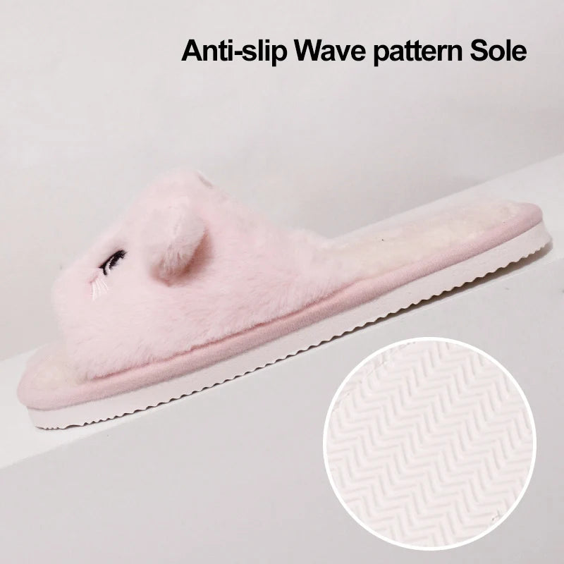 Faux Fur Cat Home Slippers for Couple Winter 2025 Warm Plush Soft Sole House Shoes Woman Plus Size 36-45 Non Slip Indoor Slides