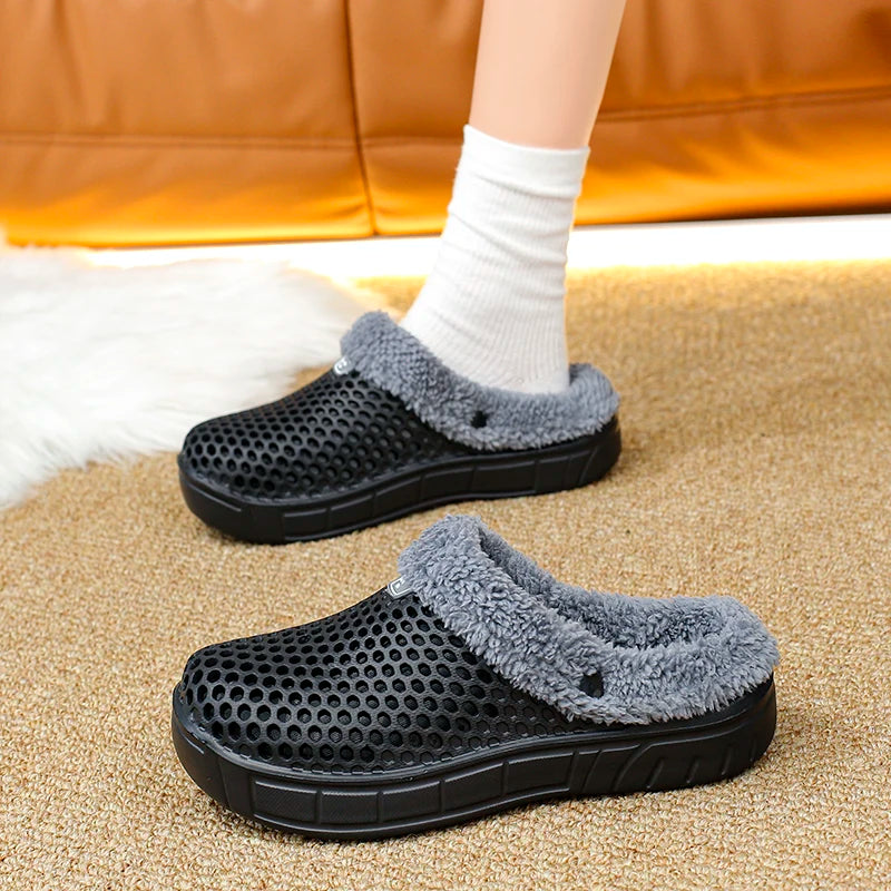 Winter Couple Fuzzy Slippers Women Men, Warm Fur Lined Mule House Shoes for Indoor Outdoor Cozy Comfortable Non-Slip Soft Slippe