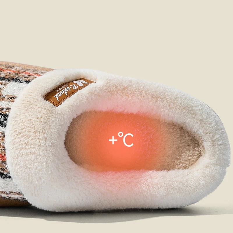 Women's Winter Warm Fur Slippers Stripe House Non Slip Shoes Comfort Flat Heel Home Indoor Bedroom Casual Plush Men Slippers