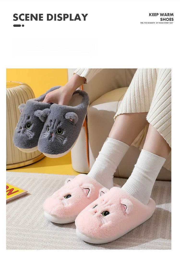 2025 New Winter Plush Slippers - Cat Pattern Couple House Shoes, Cozy Furry Indoor Slides for Women & Men, Non-Slip Home Booties