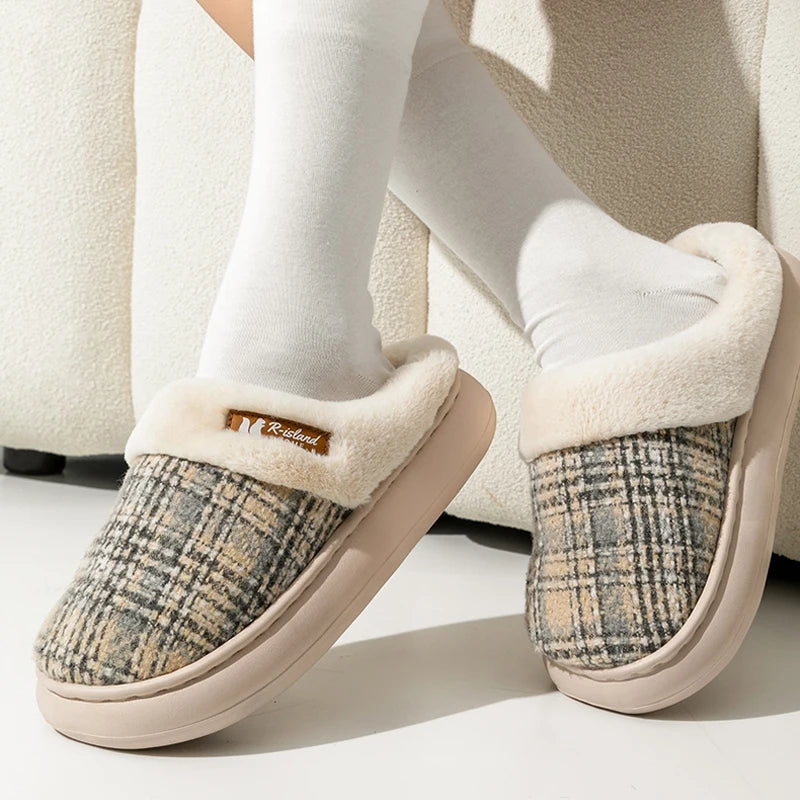 Women's Winter Warm Fur Slippers Stripe House Non Slip Shoes Comfort Flat Heel Home Indoor Bedroom Casual Plush Men Slippers