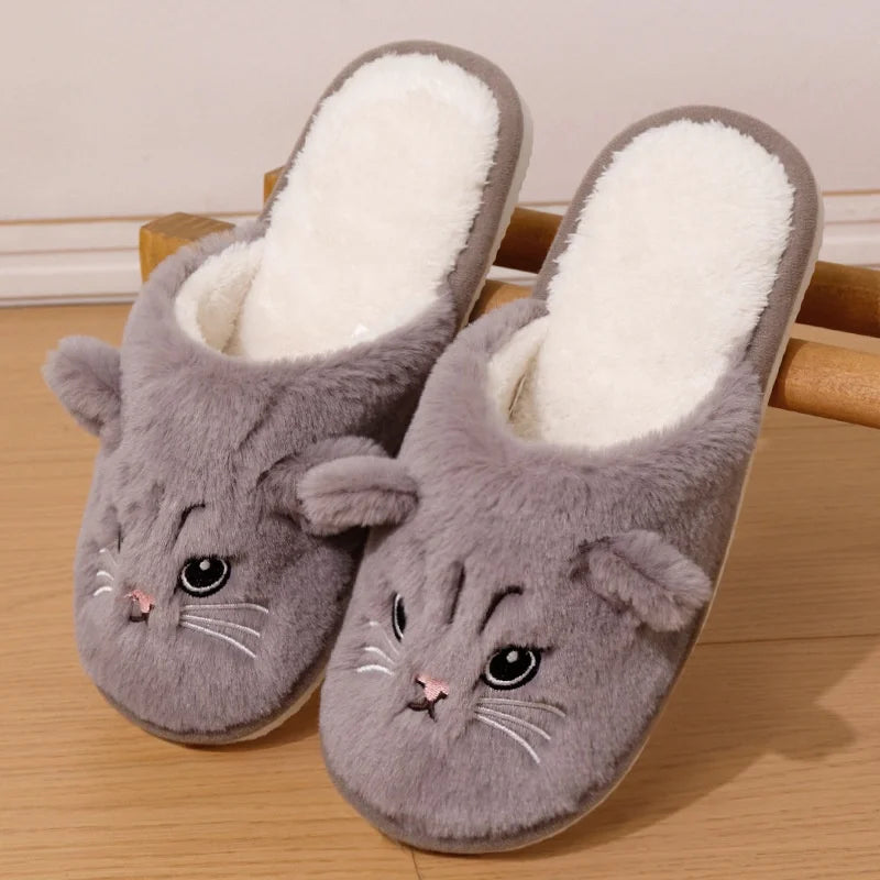 Winter Cute Cat Cotton Slippers Couple Funny Casual Soft Sole Slides Adults Indoor Floor Homewear Sandals Women Quiet Flip Flops