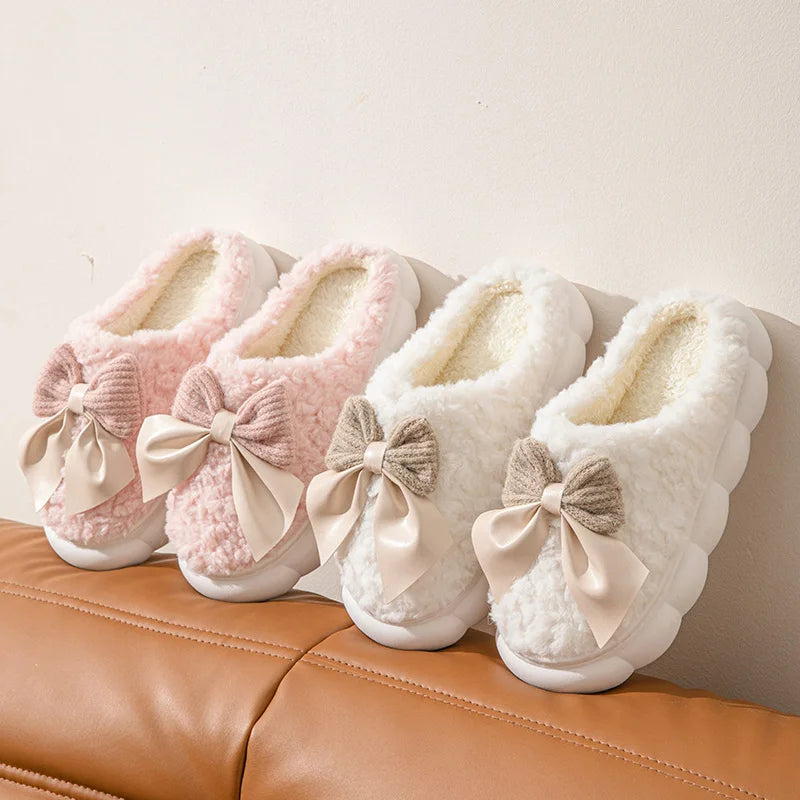 Women's Bow Slippers Thick-Soled Soft-Soled  Bedroom Cotton Shoes  Outdoor Indoor Winter Plush Non-Slip Bow Warm Houseshoes