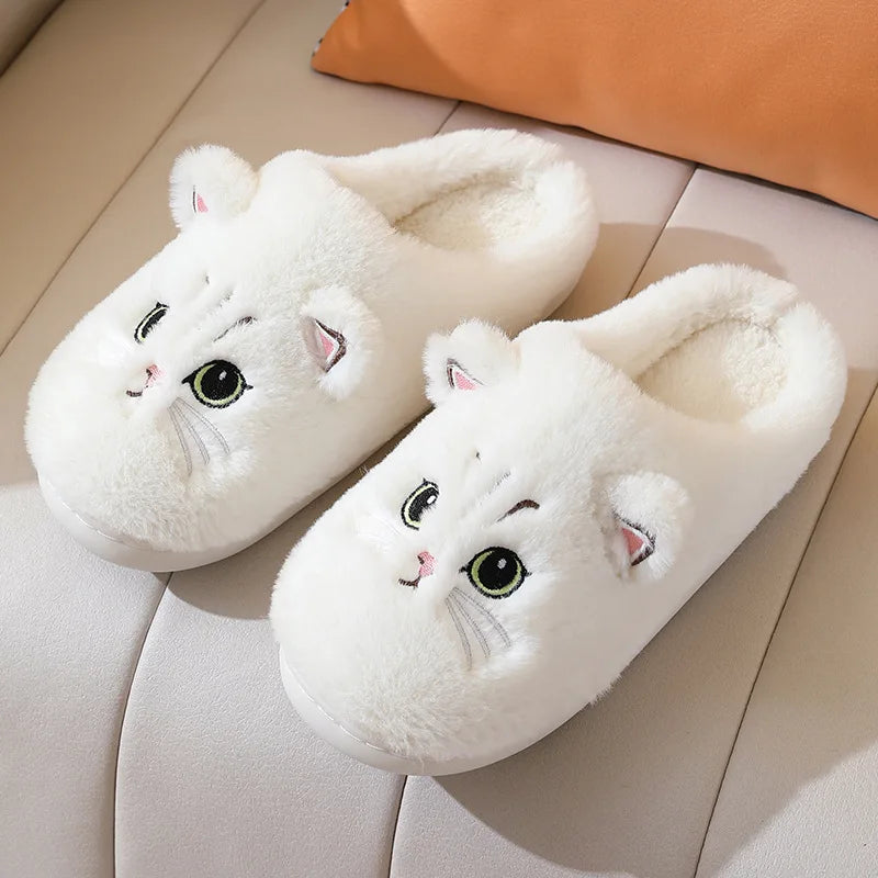 2025 New Winter Plush Slippers - Cat Pattern Couple House Shoes, Cozy Furry Indoor Slides for Women & Men, Non-Slip Home Booties