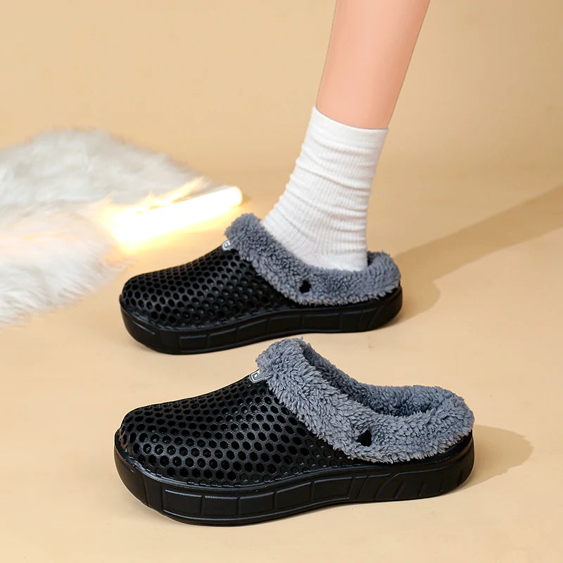 Winter Couple Fuzzy Slippers Women Men, Warm Fur Lined Mule House Shoes for Indoor Outdoor Cozy Comfortable Non-Slip Soft Slippe