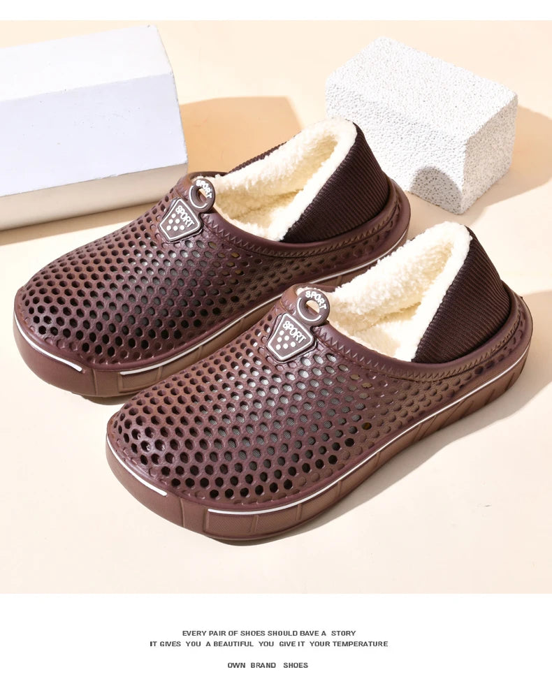 Winter Couple Slippers with Enclosed Back Outdoor Indoor Plush Fleece Lined Anti-Slip Home Shoes for Women Men Solid Color Simpl