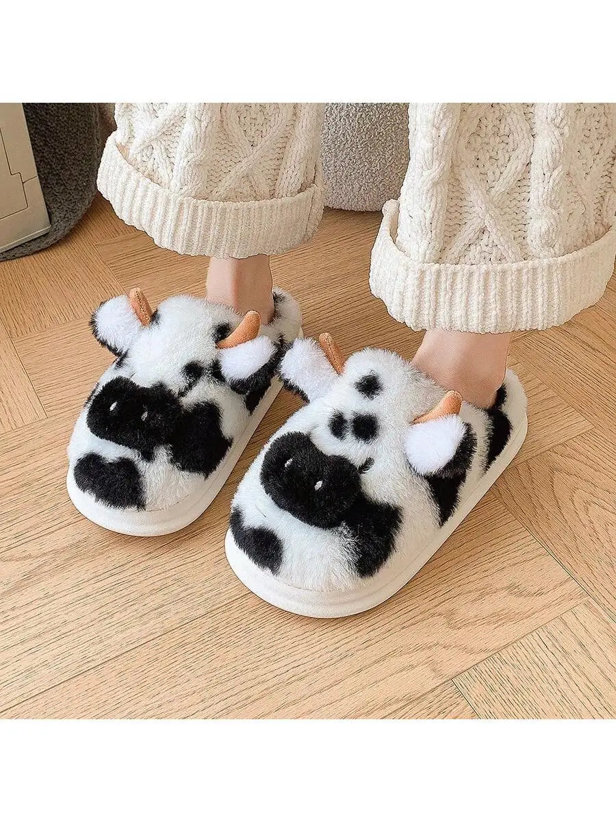 Women's Slippers with Spotted Cow Hair and Indoor Slippers, Warm and Thick-Soled Plush for Autumn and Winter