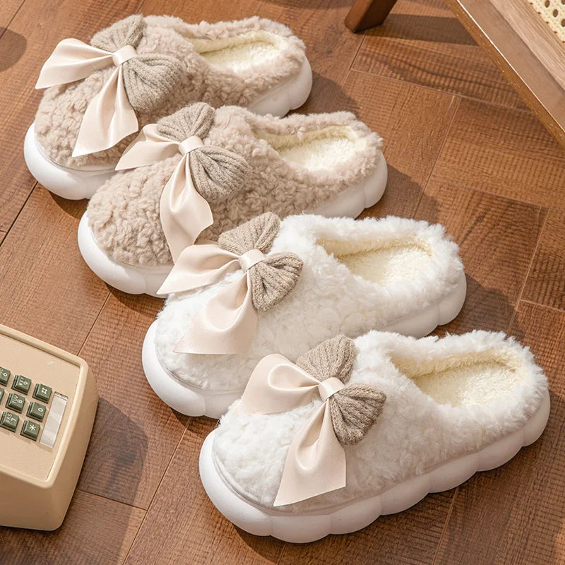 Women's Bow Slippers Thick-Soled Soft-Soled  Bedroom Cotton Shoes  Outdoor Indoor Winter Plush Non-Slip Bow Warm Houseshoes