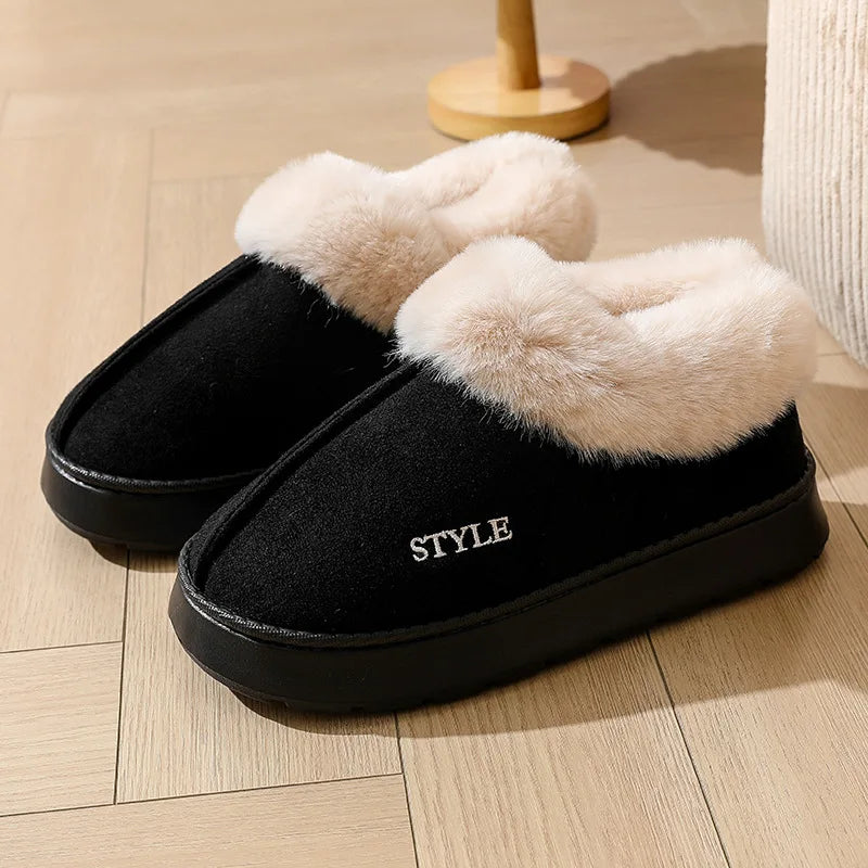 Fluffy Slippers For Women Men House Winter Plush Lined Thick Sole Non-slip Snow Boots Warm Indoor House Fuzzy Cotton Shoes