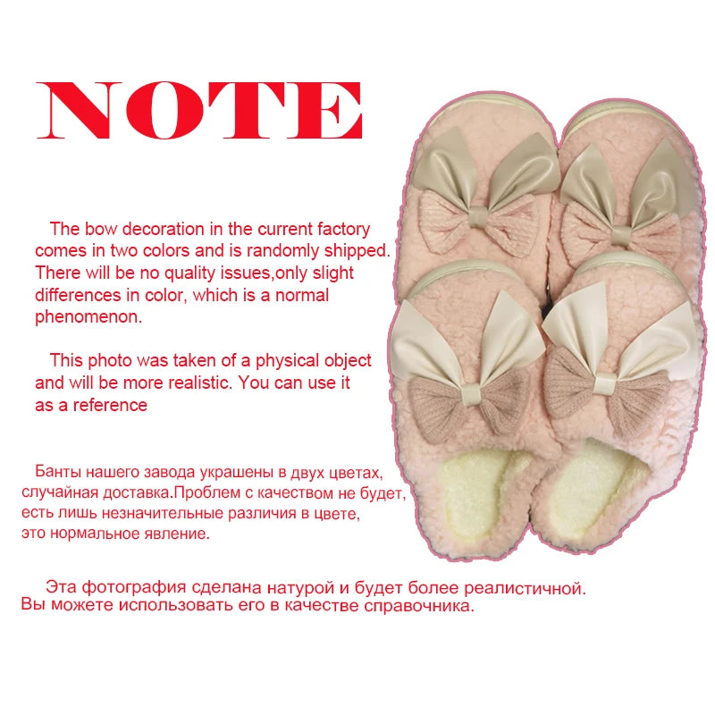 Women's Bow Slippers Thick-Soled Soft-Soled  Bedroom Cotton Shoes  Outdoor Indoor Winter Plush Non-Slip Bow Warm Houseshoes