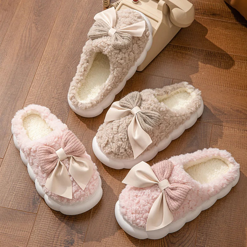 Women's Bow Slippers Thick-Soled Soft-Soled  Bedroom Cotton Shoes  Outdoor Indoor Winter Plush Non-Slip Bow Warm Houseshoes