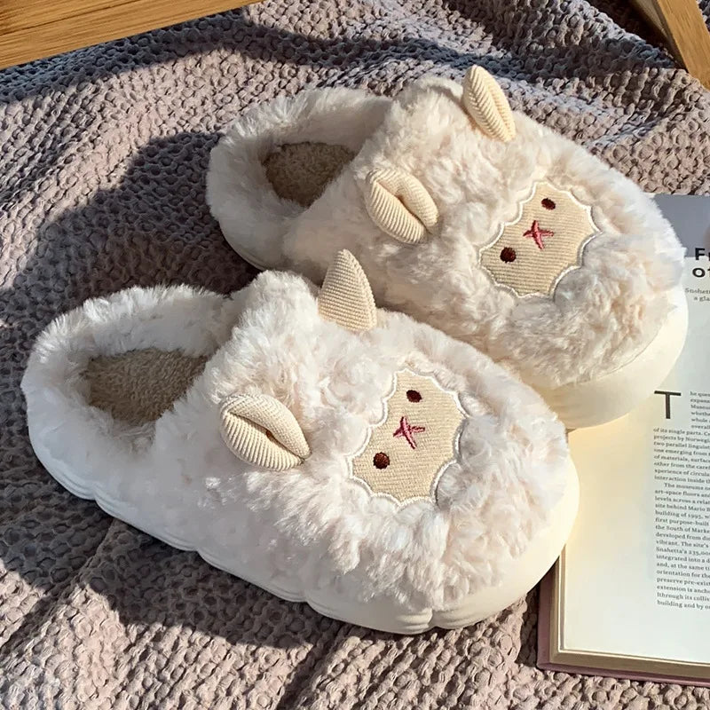 Women's Cute Lamb Plush Slippers - Winter Non-Slip House Shoes, Thick Sole Fleece-Lined Indoor Slides for Home Cozy Comfort