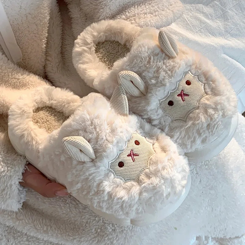 Women's Cute Lamb Plush Slippers - Winter Non-Slip House Shoes, Thick Sole Fleece-Lined Indoor Slides for Home Cozy Comfort