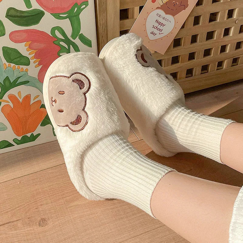 Women's Winter Slippers New Cartoon Teddy Bear Home Thick-Soled Indoor Plush Slippers