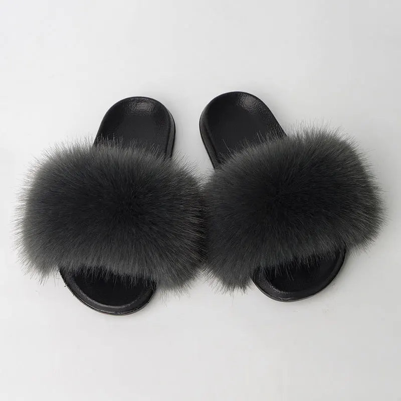 Women'S Faux Fox Fur Slippers Large Summer Open-Toe Fluffy Casual Anti-Slip Sandals Fluffy Black Slide Fur Slider