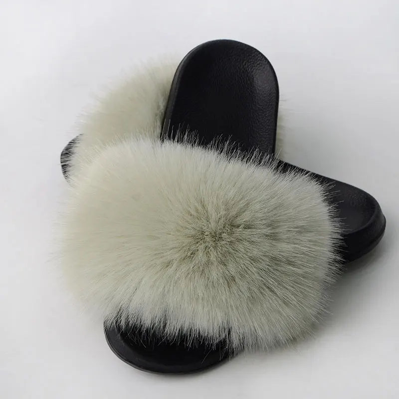 Women'S Faux Fox Fur Slippers Large Summer Open-Toe Fluffy Casual Anti-Slip Sandals Fluffy Black Slide Fur Slider