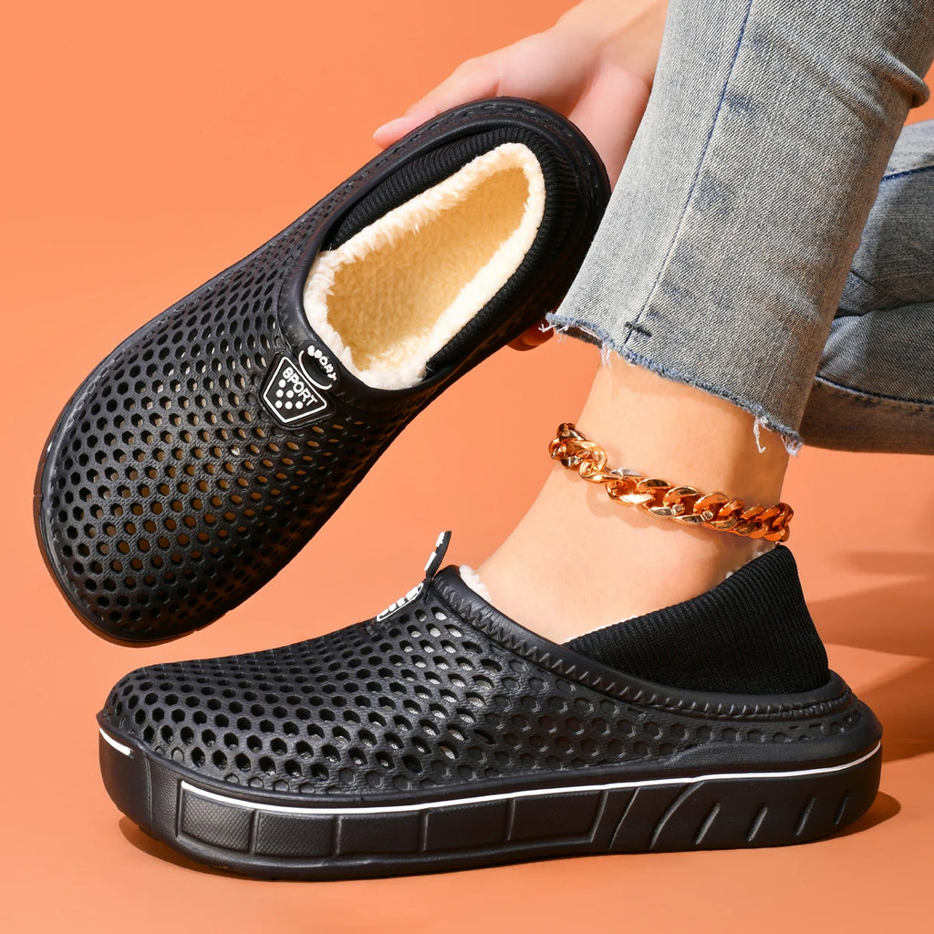 Winter Couple Slippers with Enclosed Back Outdoor Indoor Plush Fleece Lined Anti-Slip Home Shoes for Women Men Solid Color Simpl