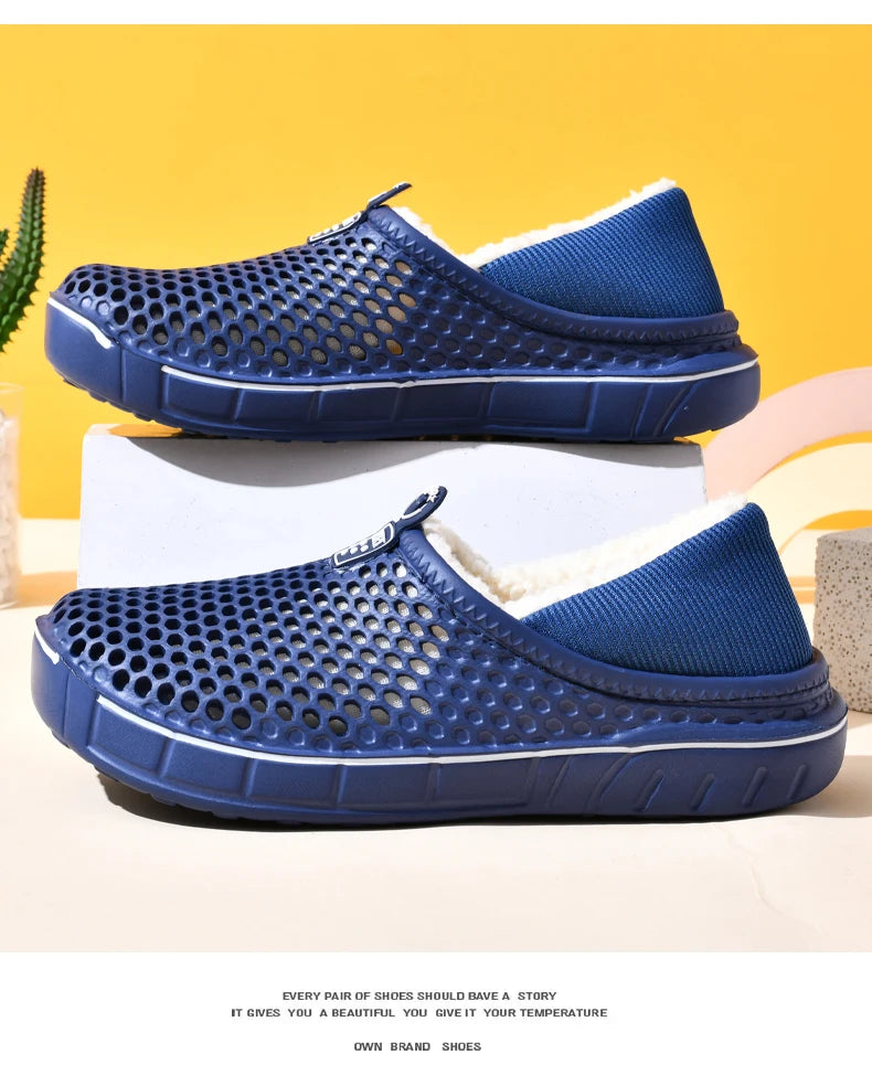Winter Couple Slippers with Enclosed Back Outdoor Indoor Plush Fleece Lined Anti-Slip Home Shoes for Women Men Solid Color Simpl