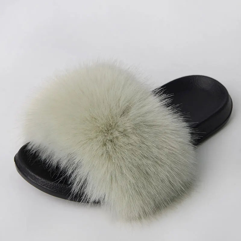 Women'S Faux Fox Fur Slippers Large Summer Open-Toe Fluffy Casual Anti-Slip Sandals Fluffy Black Slide Fur Slider