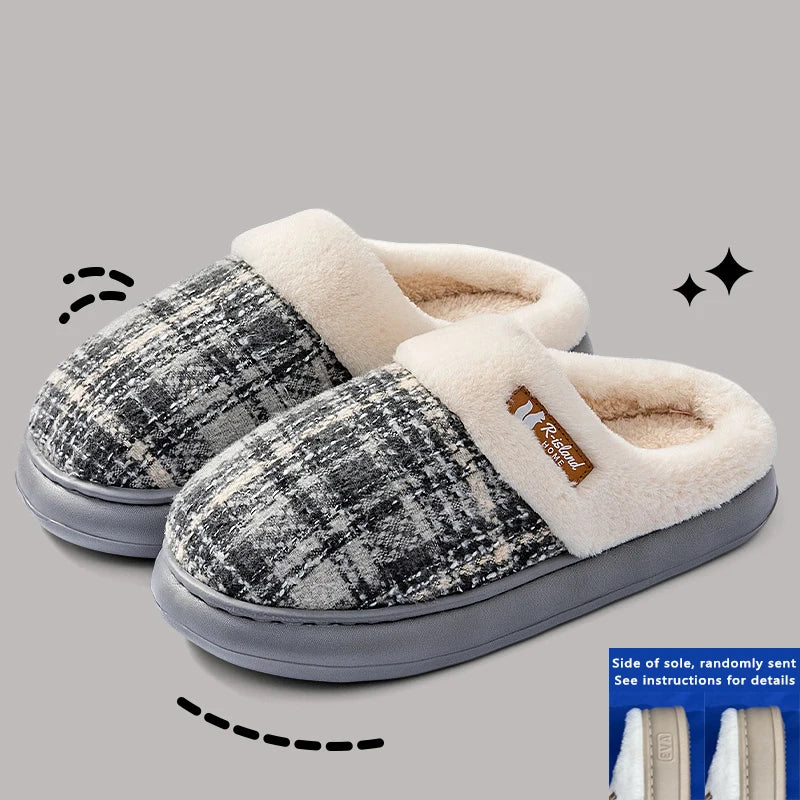 Women's Winter Warm Fur Slippers Stripe House Non Slip Shoes Comfort Flat Heel Home Indoor Bedroom Casual Plush Men Slippers