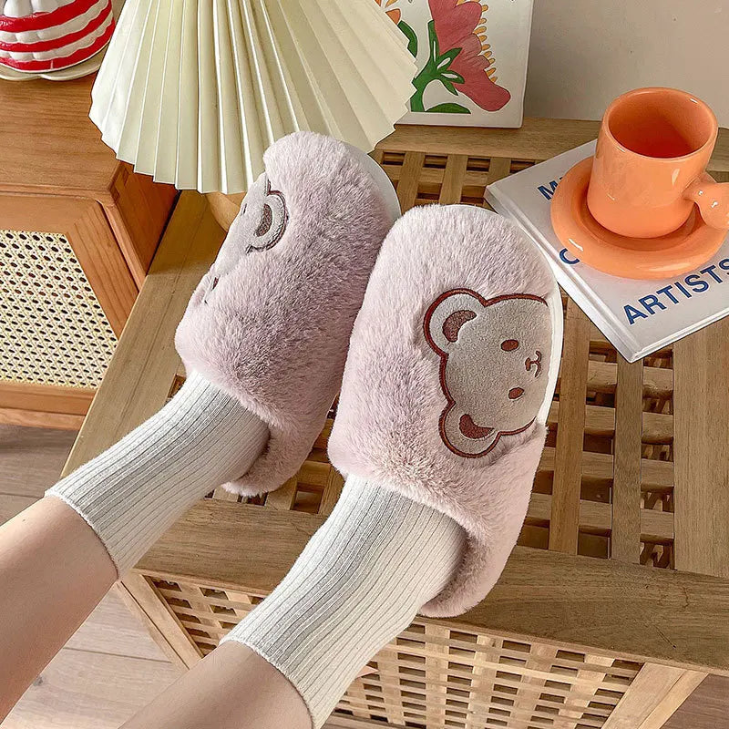 Women's Winter Slippers New Cartoon Teddy Bear Home Thick-Soled Indoor Plush Slippers