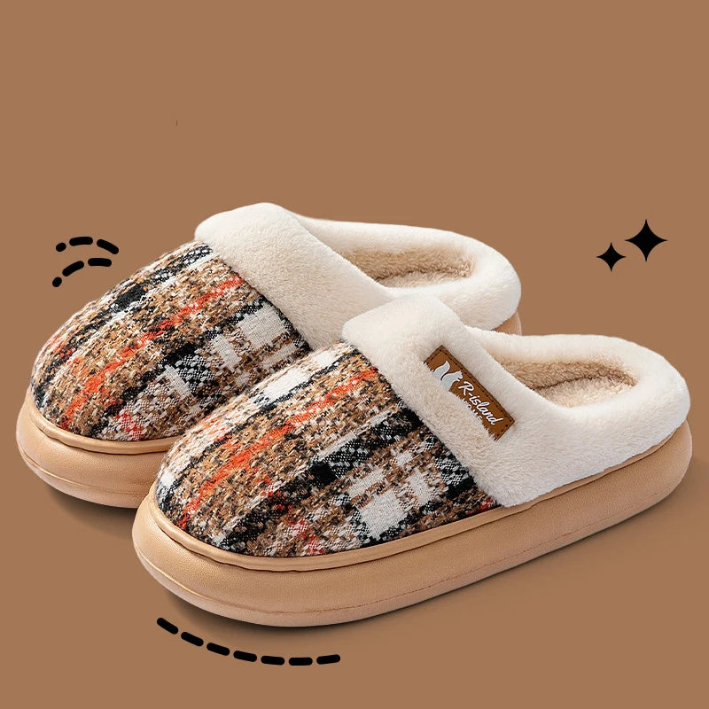 Women's Winter Warm Fur Slippers Stripe House Non Slip Shoes Comfort Flat Heel Home Indoor Bedroom Casual Plush Men Slippers