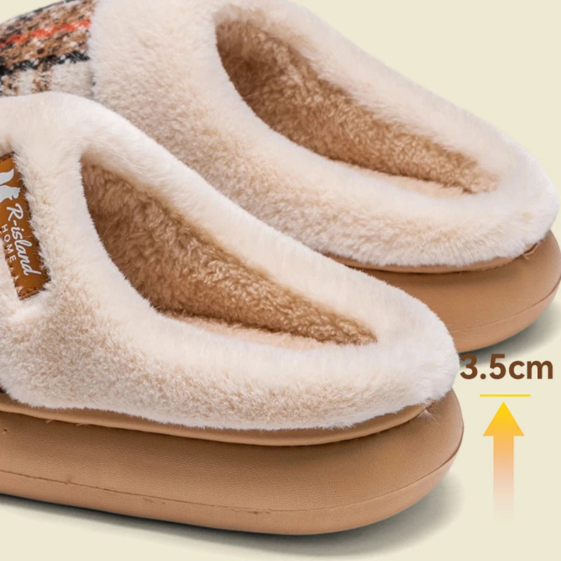 Women's Winter Warm Fur Slippers Stripe House Non Slip Shoes Comfort Flat Heel Home Indoor Bedroom Casual Plush Men Slippers