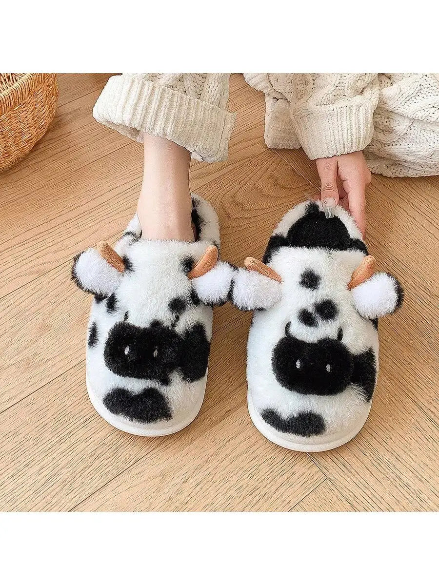 Women's Slippers with Spotted Cow Hair and Indoor Slippers, Warm and Thick-Soled Plush for Autumn and Winter