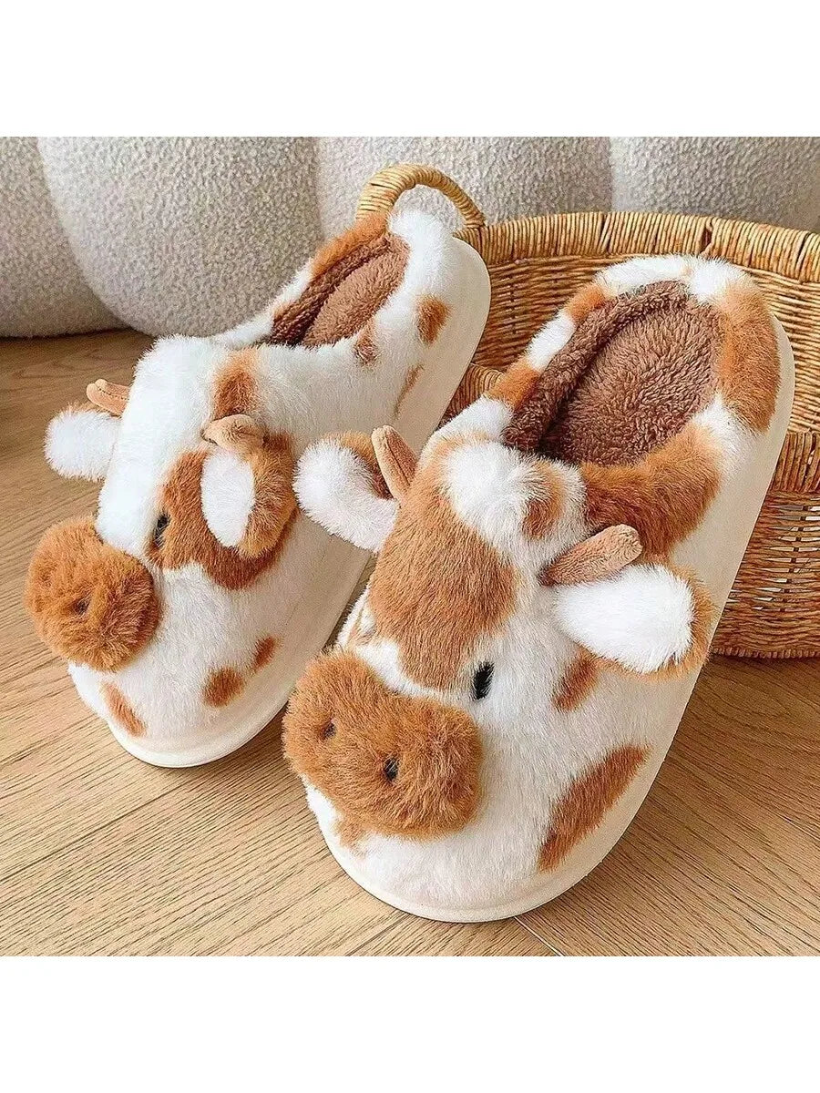 Women's Slippers with Spotted Cow Hair and Indoor Slippers, Warm and Thick-Soled Plush for Autumn and Winter