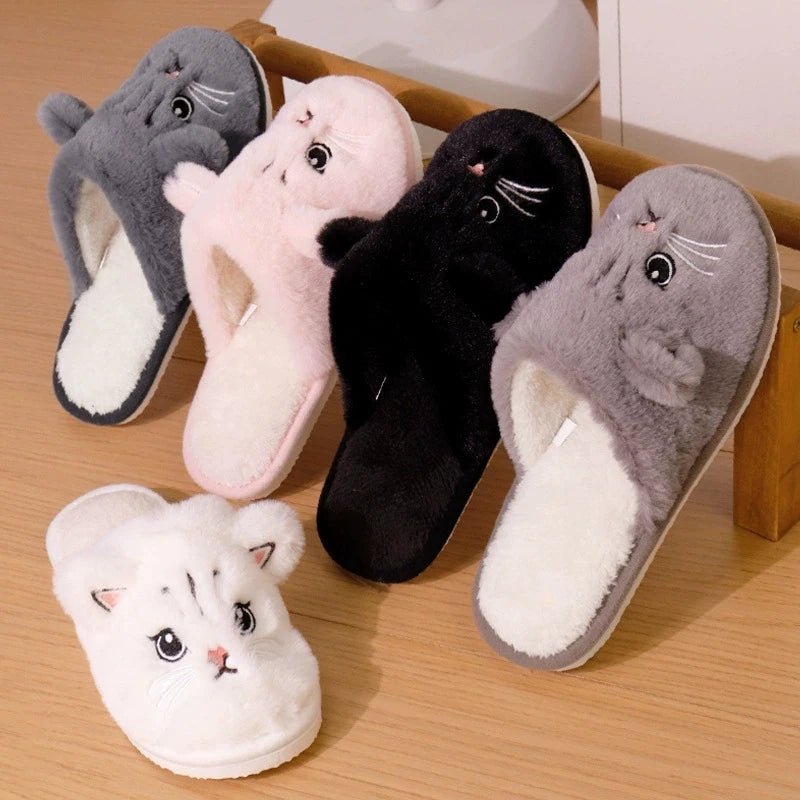 Cartoon Cat Home Slippers for Women Indoor Soft Bottom Flat Heel Cotton Slippers Woman Light Anti Slip Warm Winter Shoes Mujer