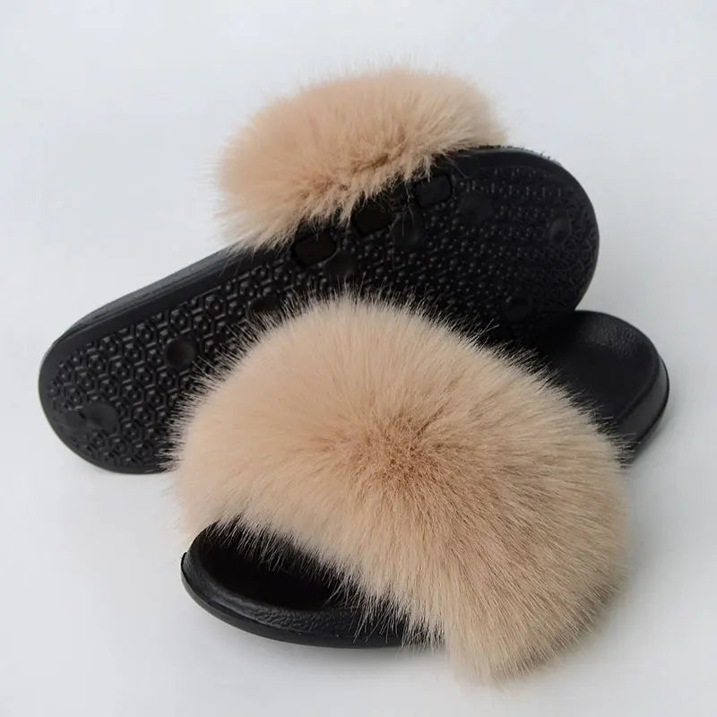 Women'S Faux Fox Fur Slippers Large Summer Open-Toe Fluffy Casual Anti-Slip Sandals Fluffy Black Slide Fur Slider