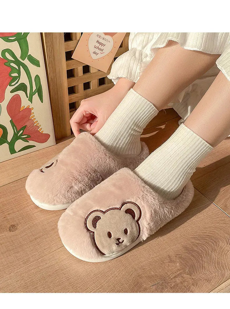 Women's Winter Slippers New Cartoon Teddy Bear Home Thick-Soled Indoor Plush Slippers