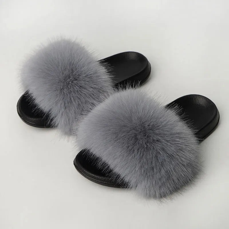 Women'S Faux Fox Fur Slippers Large Summer Open-Toe Fluffy Casual Anti-Slip Sandals Fluffy Black Slide Fur Slider
