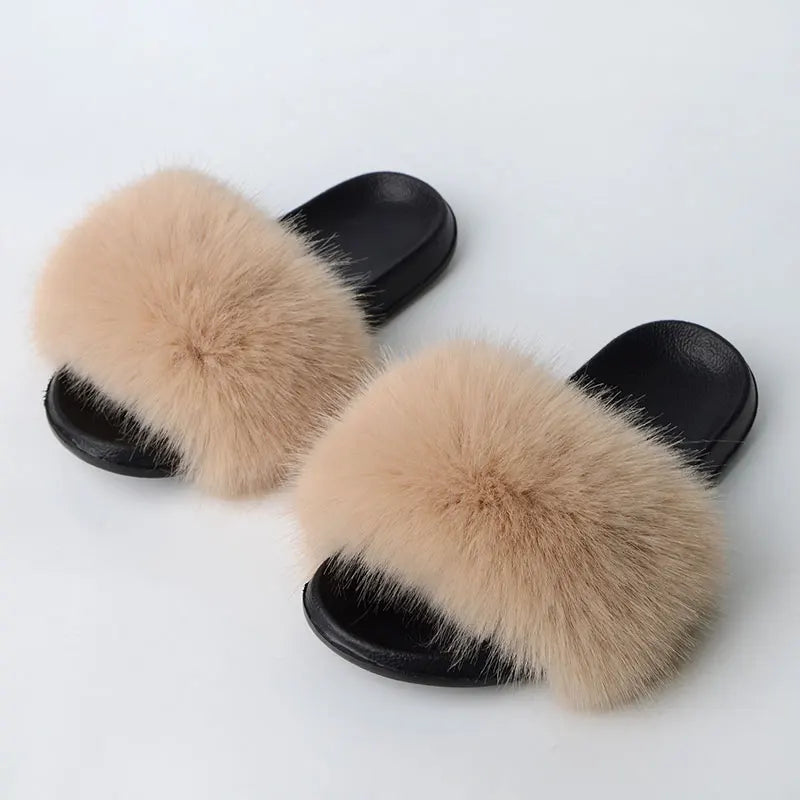 Women'S Faux Fox Fur Slippers Large Summer Open-Toe Fluffy Casual Anti-Slip Sandals Fluffy Black Slide Fur Slider