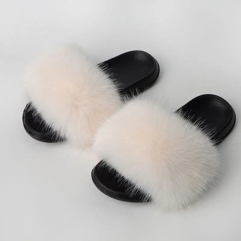 Women'S Faux Fox Fur Slippers Large Summer Open-Toe Fluffy Casual Anti-Slip Sandals Fluffy Black Slide Fur Slider