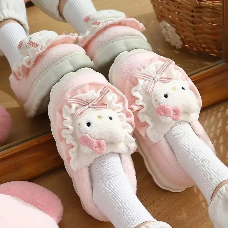 Hello Kitty Kuromi Cinnamoroll Cotton Slippers Cartoon Cute Winter Indoor Home Slippers Thick Sole Keep Warm Cotton Shoes