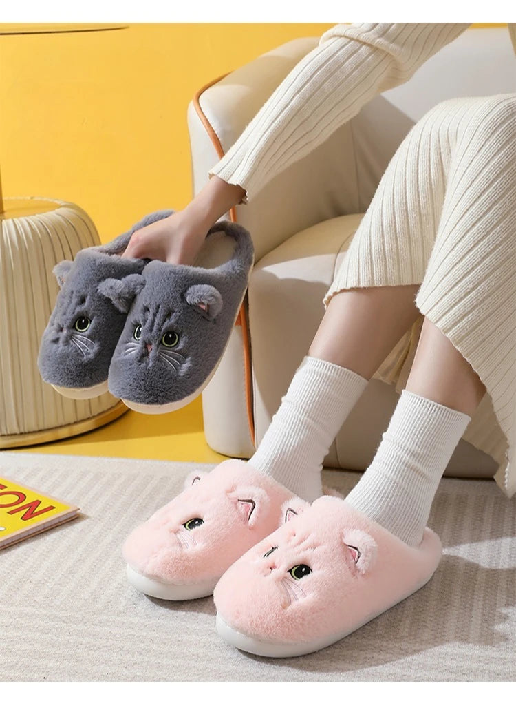 2025 New Winter Plush Slippers - Cat Pattern Couple House Shoes, Cozy Furry Indoor Slides for Women & Men, Non-Slip Home Booties