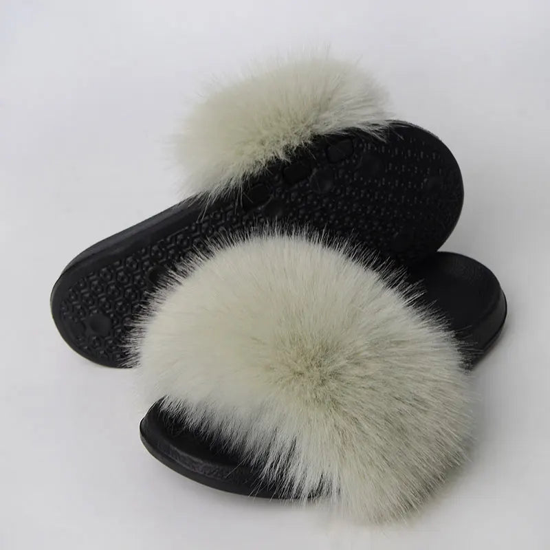 Women'S Faux Fox Fur Slippers Large Summer Open-Toe Fluffy Casual Anti-Slip Sandals Fluffy Black Slide Fur Slider