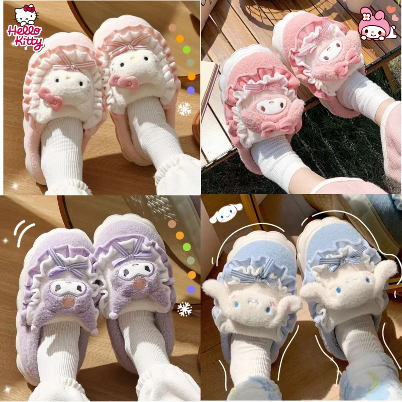 Hello Kitty Kuromi Cinnamoroll Cotton Slippers Cartoon Cute Winter Indoor Home Slippers Thick Sole Keep Warm Cotton Shoes