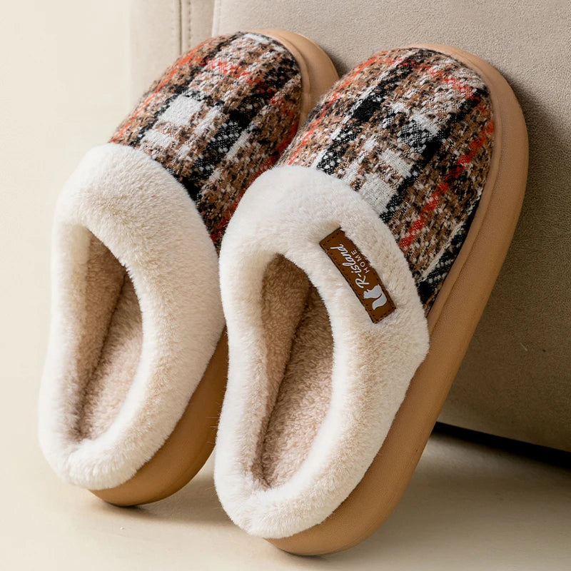Women's Winter Warm Fur Slippers Stripe House Non Slip Shoes Comfort Flat Heel Home Indoor Bedroom Casual Plush Men Slippers