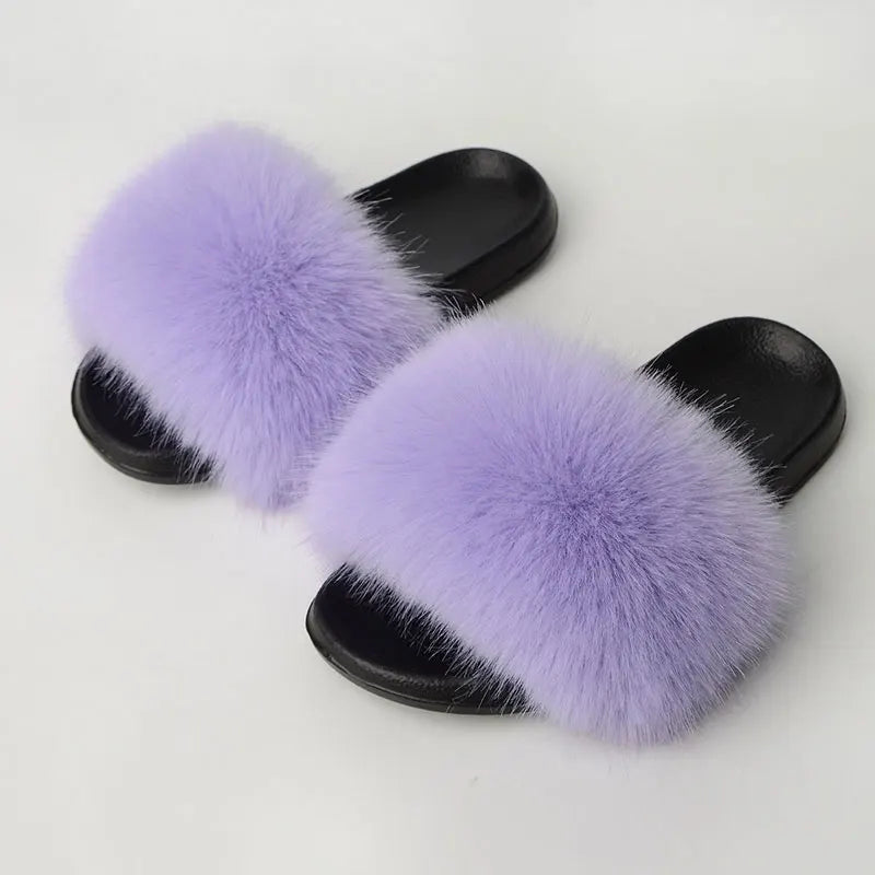 Women'S Faux Fox Fur Slippers Large Summer Open-Toe Fluffy Casual Anti-Slip Sandals Fluffy Black Slide Fur Slider