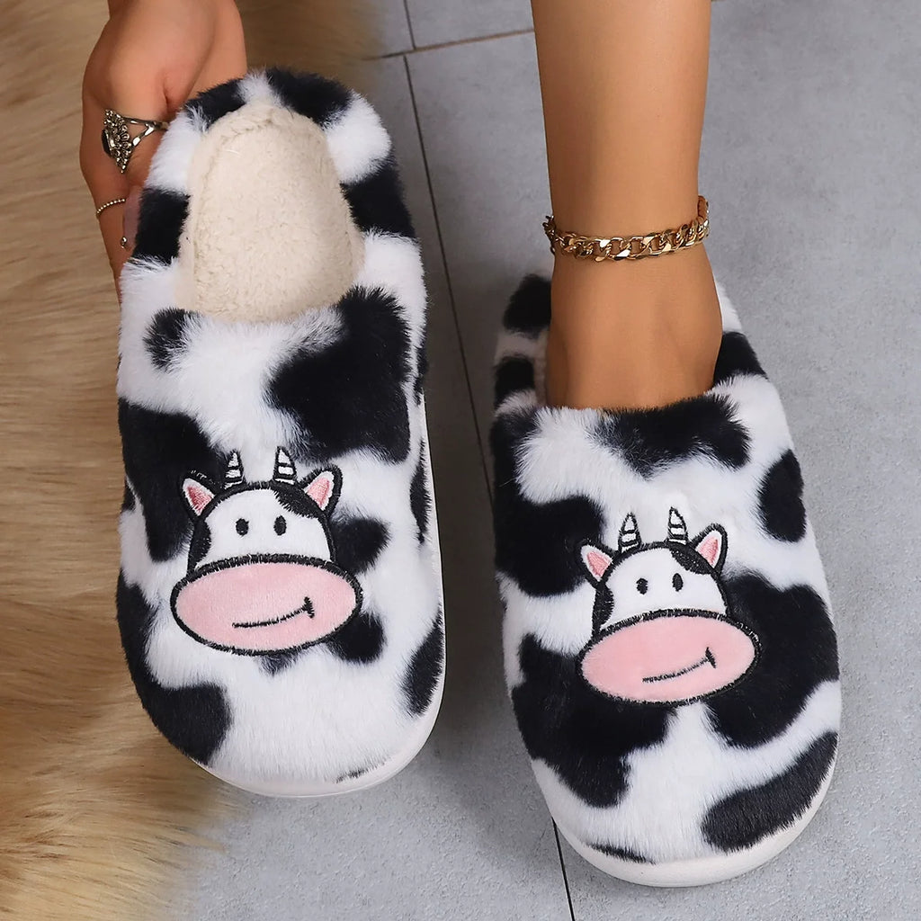 Women's Slippers with Spotted Cow Hair and Indoor Slippers, Warm and Thick-Soled Plush for Autumn and Winter
