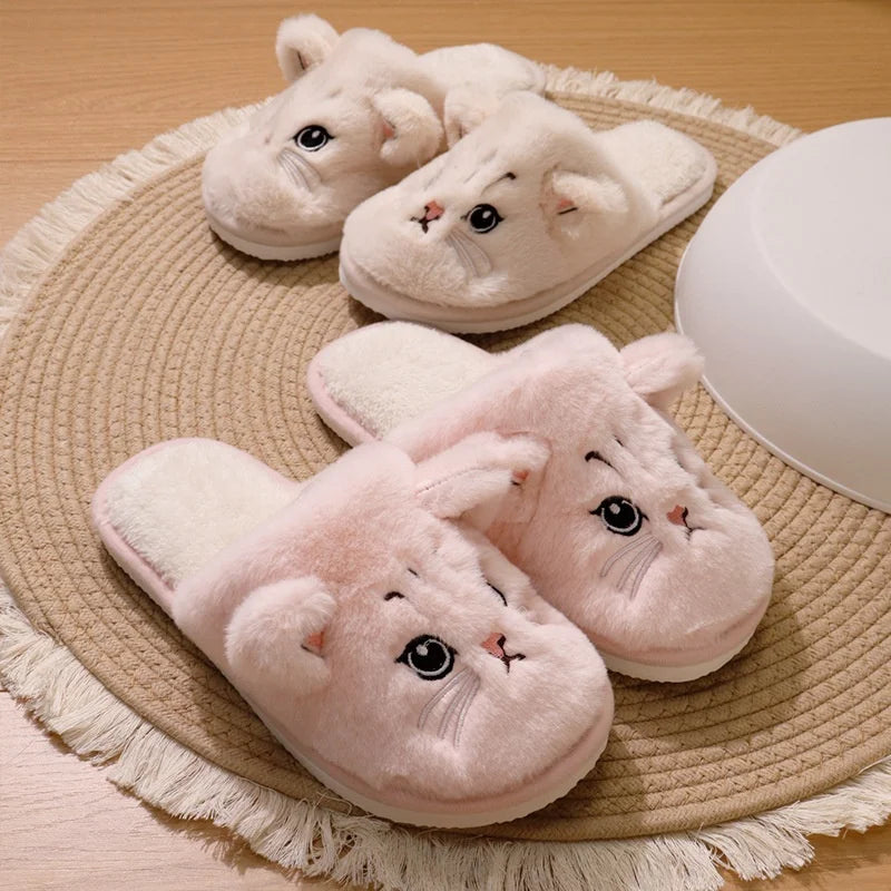Winter Cute Cat Cotton Slippers Couple Funny Casual Soft Sole Slides Adults Indoor Floor Homewear Sandals Women Quiet Flip Flops