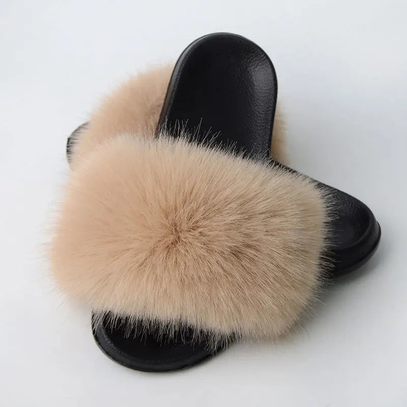 Women'S Faux Fox Fur Slippers Large Summer Open-Toe Fluffy Casual Anti-Slip Sandals Fluffy Black Slide Fur Slider