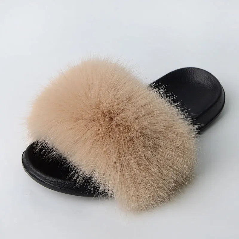 Women'S Faux Fox Fur Slippers Large Summer Open-Toe Fluffy Casual Anti-Slip Sandals Fluffy Black Slide Fur Slider