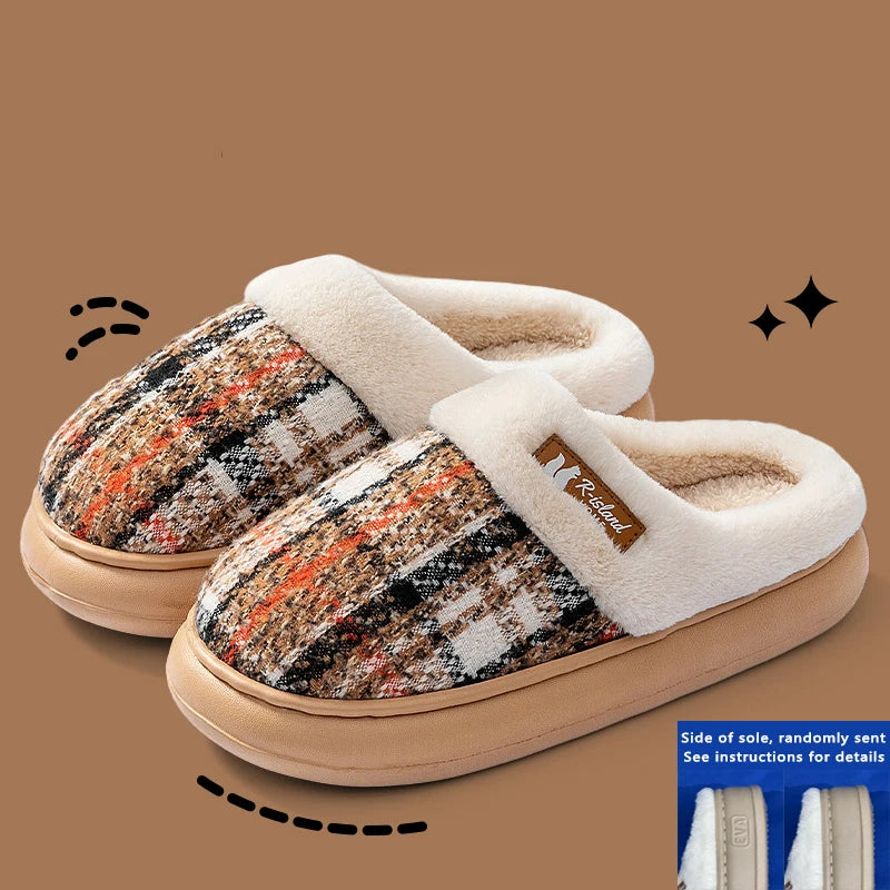 Women's Winter Warm Fur Slippers Stripe House Non Slip Shoes Comfort Flat Heel Home Indoor Bedroom Casual Plush Men Slippers