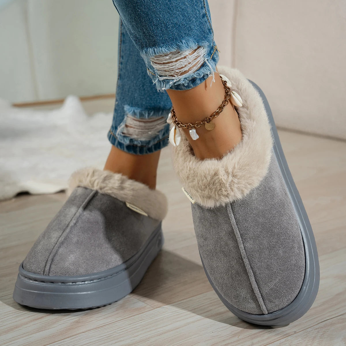 Outdoor Casual Fashion Simple Winter Home Women's Slipper Boots Fuzzy Soft Warm Indoor Anti-slip Comfy Bedroom Couples Shoes