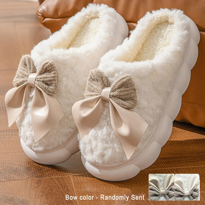 Women's Bow Slippers Thick-Soled Soft-Soled  Bedroom Cotton Shoes  Outdoor Indoor Winter Plush Non-Slip Bow Warm Houseshoes