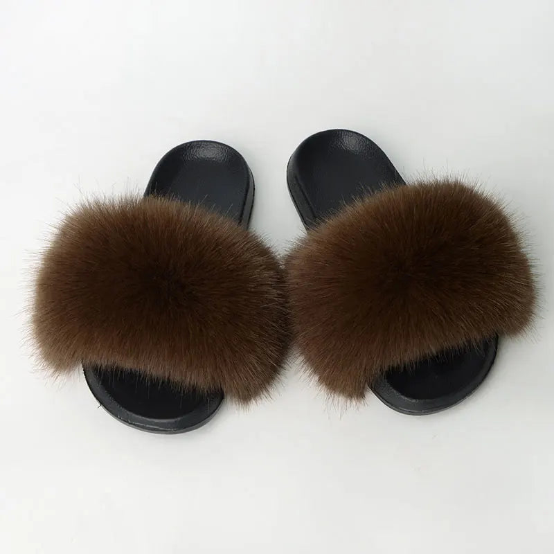 Women'S Faux Fox Fur Slippers Large Summer Open-Toe Fluffy Casual Anti-Slip Sandals Fluffy Black Slide Fur Slider